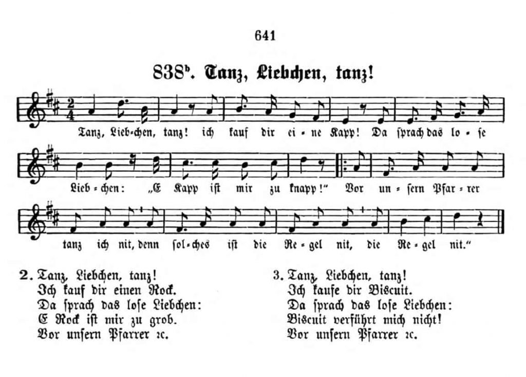 Sheet music from the Deutschen Volkslieder showing Lied number 838, "Tanz Liebchen Tanz!"