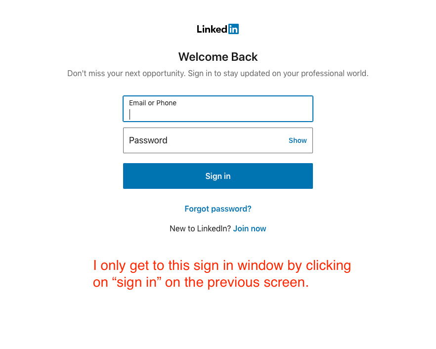 Screenshot of LinkedIn's awkward login screen that is confusing and poorly worded.