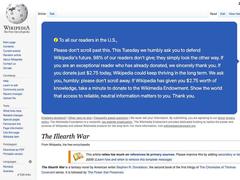 Big blue bubble with a year end plea for donations to the WikiMedia foundation.
